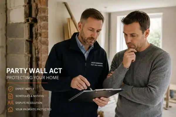 Party wall surveyor Woking discussing extension plans with homeowner outside a UK semi-detached house.
